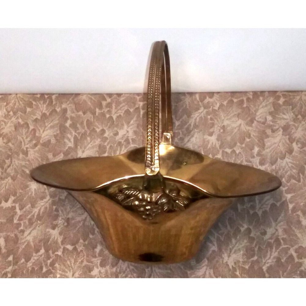 Vintage Brass Basket With Handle grape design ArtWare 9" thick solid brass EUC